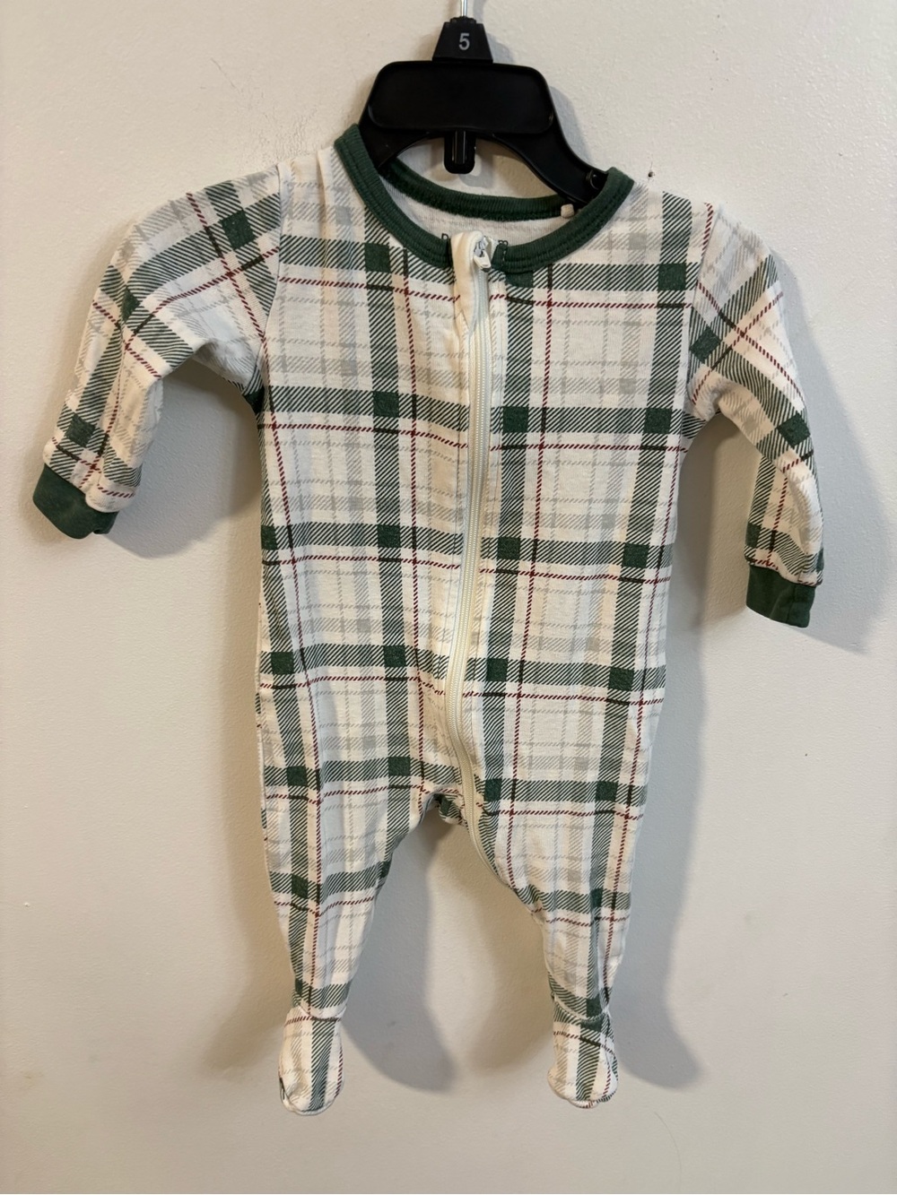 Petit Lem Green and Cream Plaid Footed One-Piece Pajamas 3 months